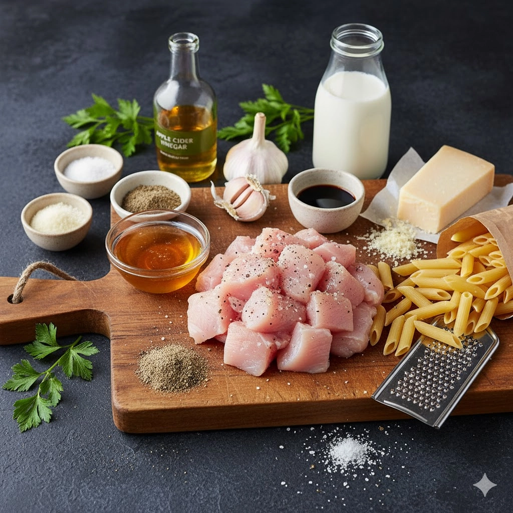 Ingredients for Honey Pepper Chicken Pasta including cubed chicken, honey, black pepper, pasta, and dairy products laid out on a cutting board