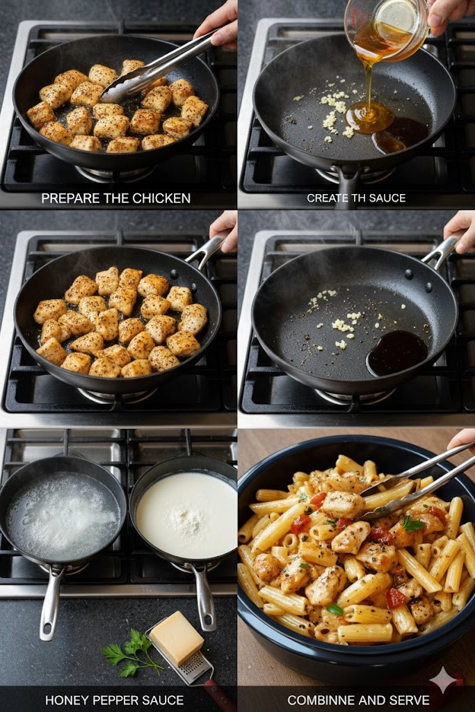 A close-up shot of a cook tossing the al dente pasta with the creamy sauce and the glazed Honey Pepper Chicken Pasta in a large skillet