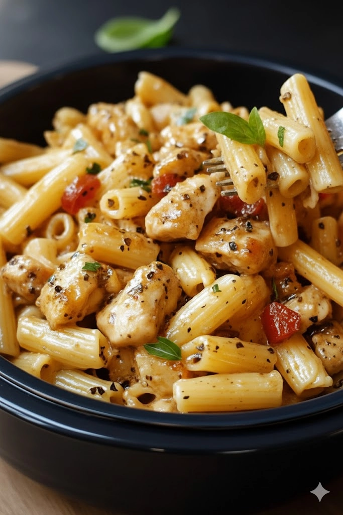A large bowl of creamy Honey Pepper Chicken Pasta with glazed chicken pieces and fresh parsley garnish