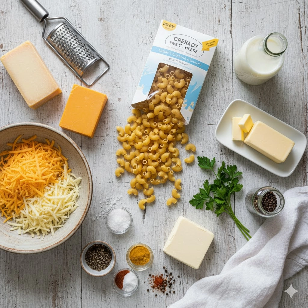 Ingredients for Creamy Homemade Baked Mac and Cheese: Blocks of cheese, dry mustard, milk, butter, and elbow macaroni ready for prep