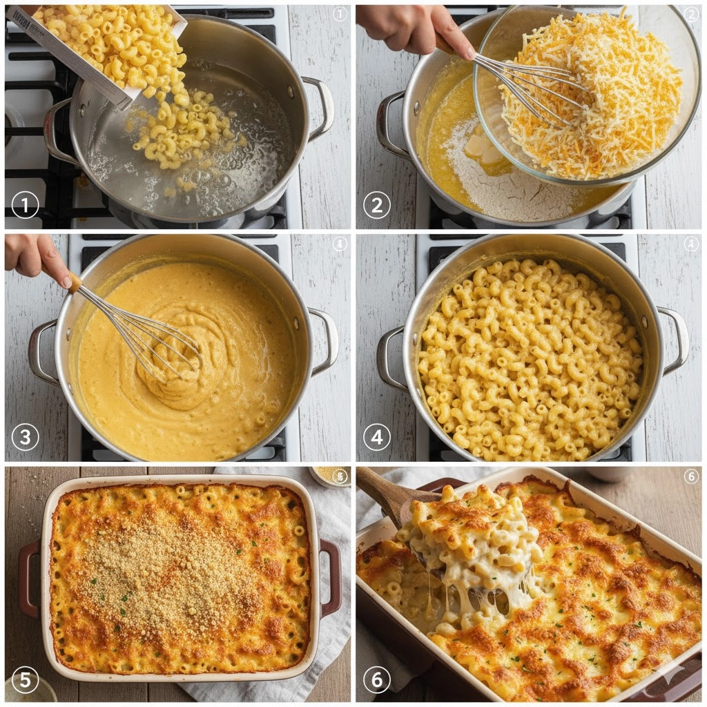 A close-up shot of thick, velvety cheese sauce being poured over the cooked elbow macaroni for the Creamy Homemade Baked Mac and Cheese.