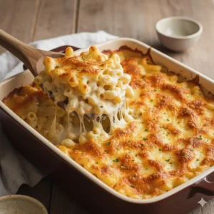 A large casserole dish of golden brown, bubbling Creamy Homemade Baked Mac and Cheese with a crispy breadcrumb topping.