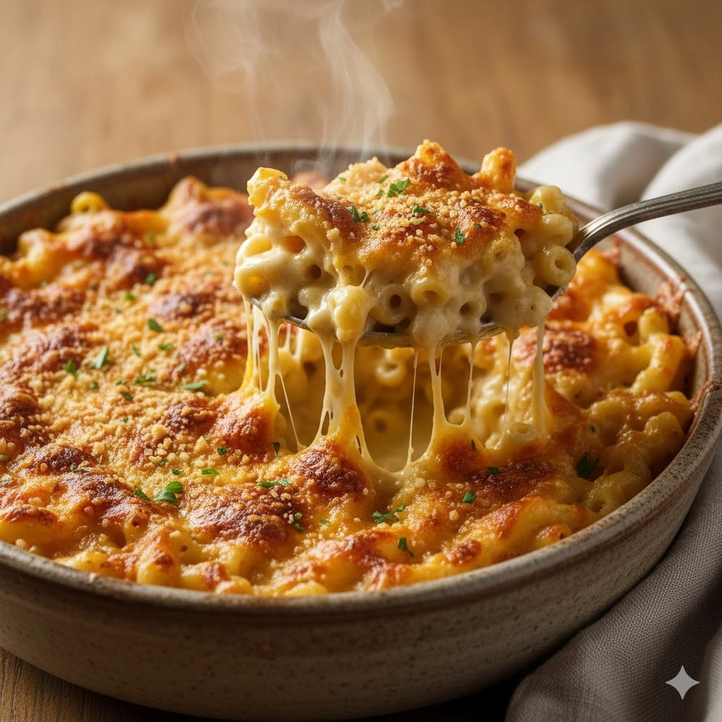 A large casserole dish of golden brown, bubbling Creamy Homemade Baked Mac and Cheese with a crispy breadcrumb topping.