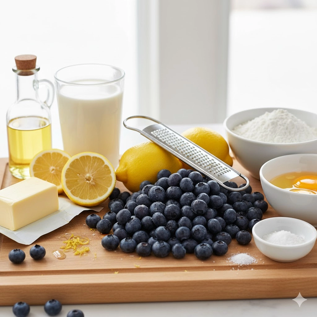 Key ingredients for Lemon Blueberry Cake including lemons, eggs, and fresh blueberries