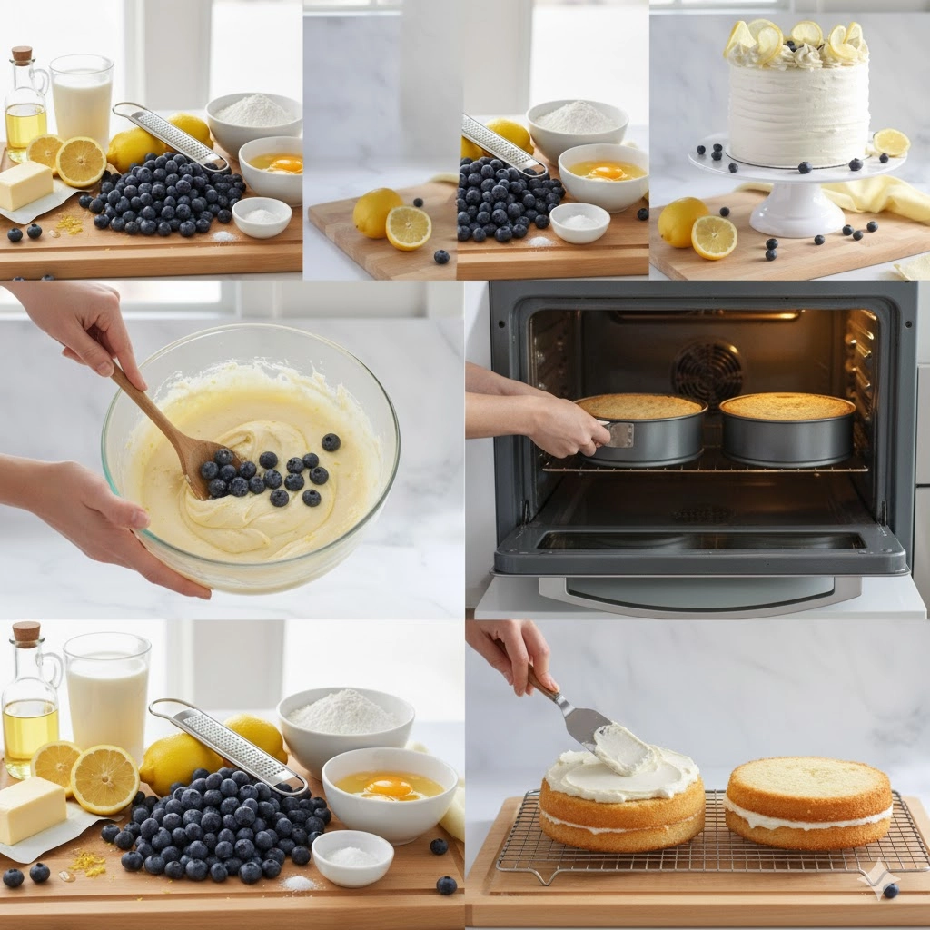 Hands gently folding flour-tossed blueberries into Lemon Blueberry Cake batter.