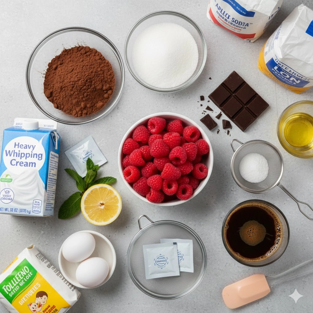Chocolate Raspberry Mousse Cake ingredients including fresh raspberries, cocoa powder, chocolate, and gelatin, laid out for mise en place.