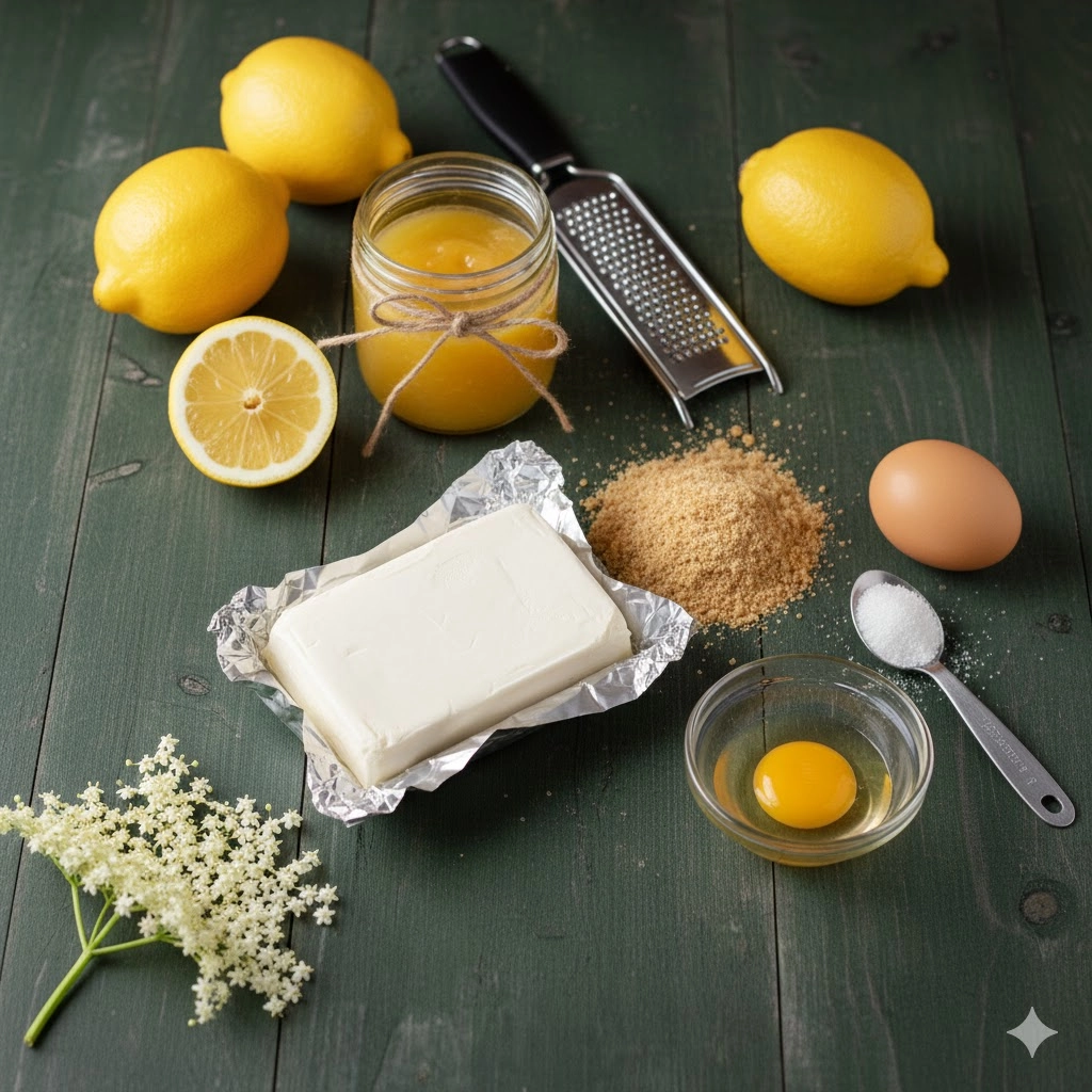 Essential ingredients including fresh lemons, cream cheese blocks, graham crackers, and butter, laid out for Mini Lemon Cheesecakes.