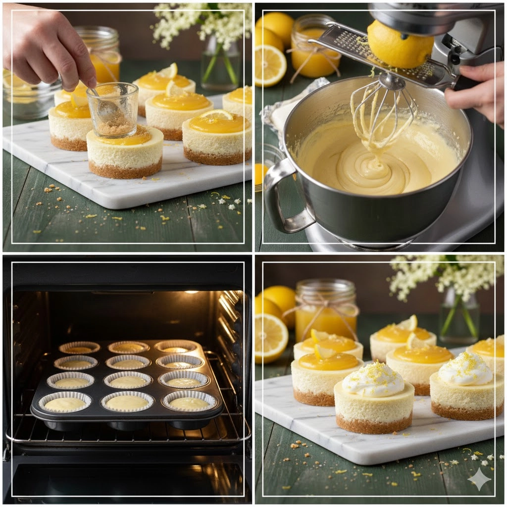 Muffin tin filled with graham cracker crusts and creamy lemon filling, ready for the oven to become Mini Lemon Cheesecakes.