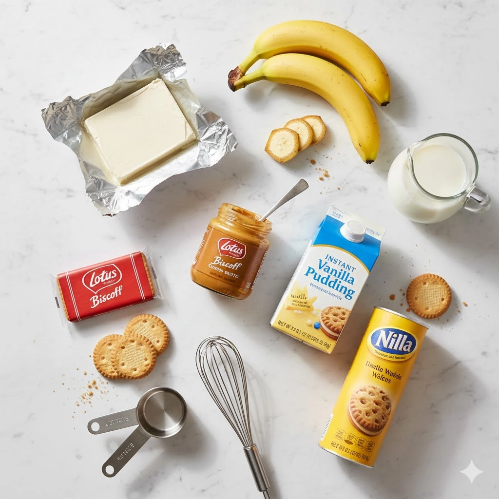 Key ingredients for Biscoff Banana Pudding laid out: instant pudding mix, cookie butter, bananas, and Biscoff cookies