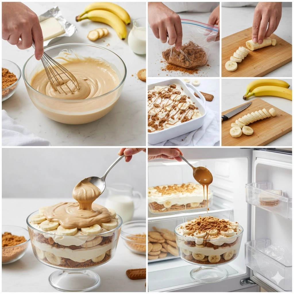 Hand layering the Biscoff Banana Pudding mixture, cookies, and bananas in a deep serving dish.