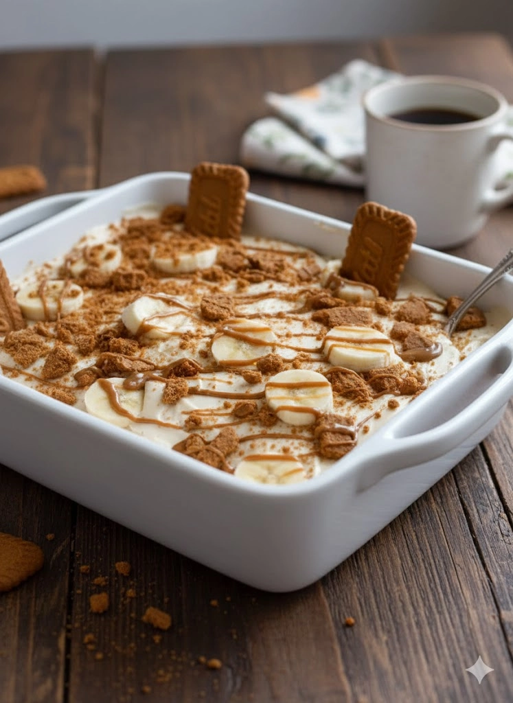 Layered glass dish of Biscoff Banana Pudding topped with crushed speculoos cookies