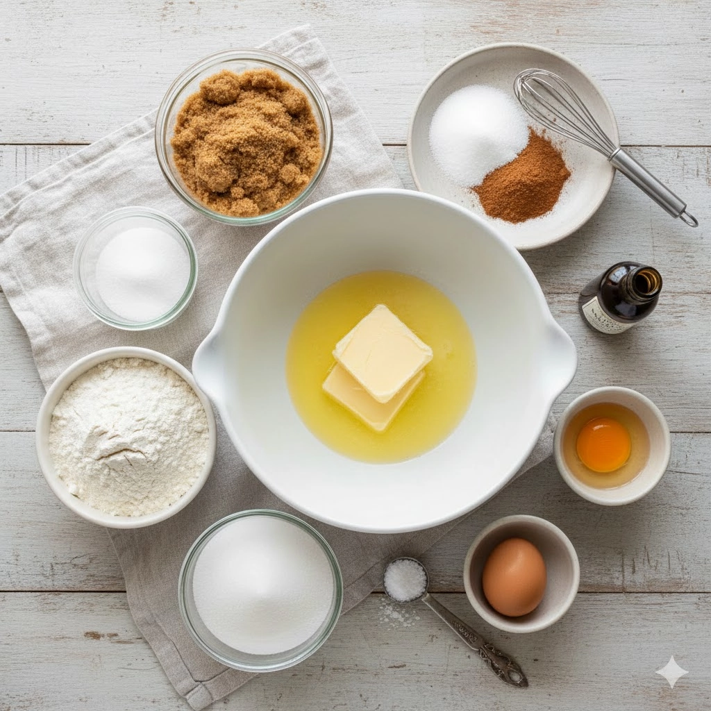 All essential ingredients for the Cinnamon Sugar Blondies recipe, including melted butter, brown sugar, flour, and cinnamon topping.