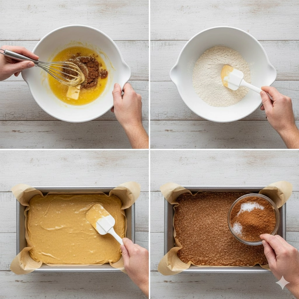 Hand sprinkling the cinnamon sugar mixture onto the raw batter for the Cinnamon Sugar Blondies before baking.