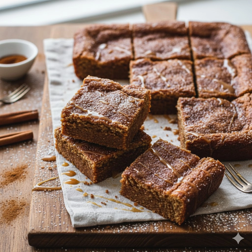 Stack of homemade Cinnamon Sugar Blondies showing a gooey center and crackly cinnamon top on a cooling rack.