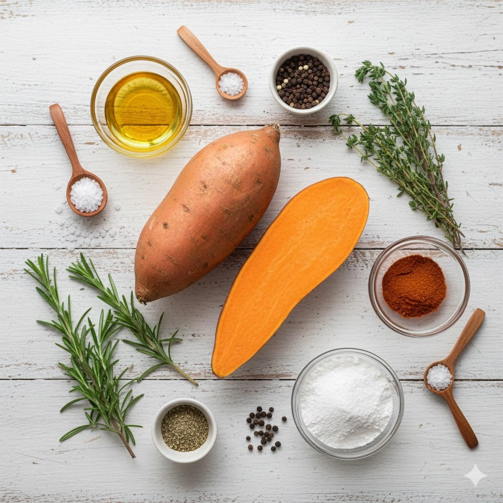 Raw sweet potatoes, oil, cornstarch, and spices laid out for making Baked Sweet Potato Fries.