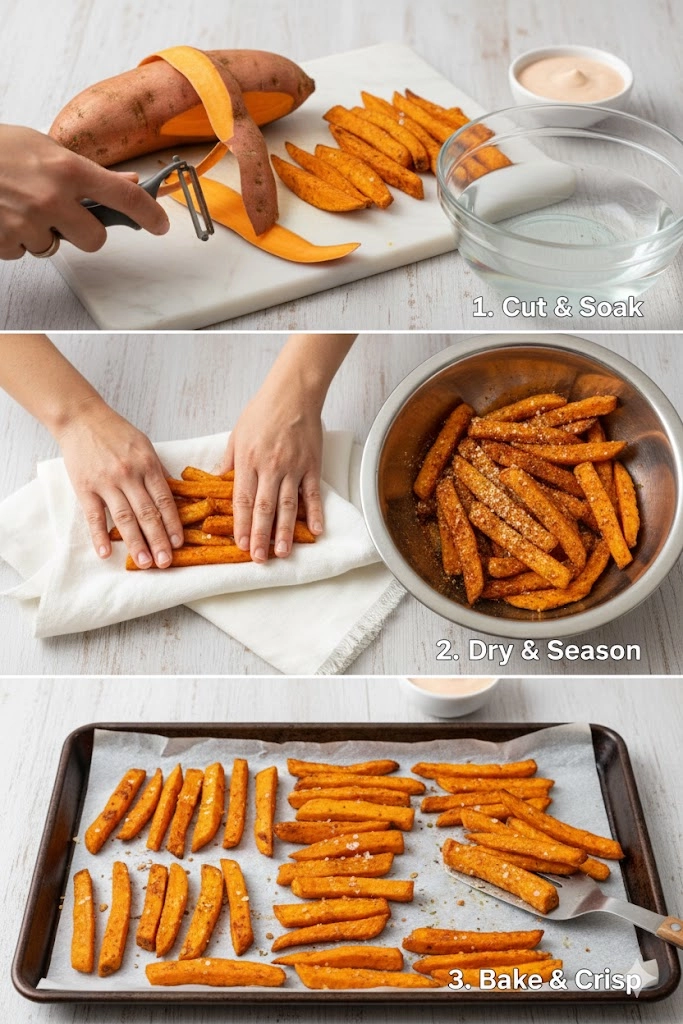 Sweet potato sticks coated in oil and starch, spread in a single layer on a parchment-lined sheet before baking.