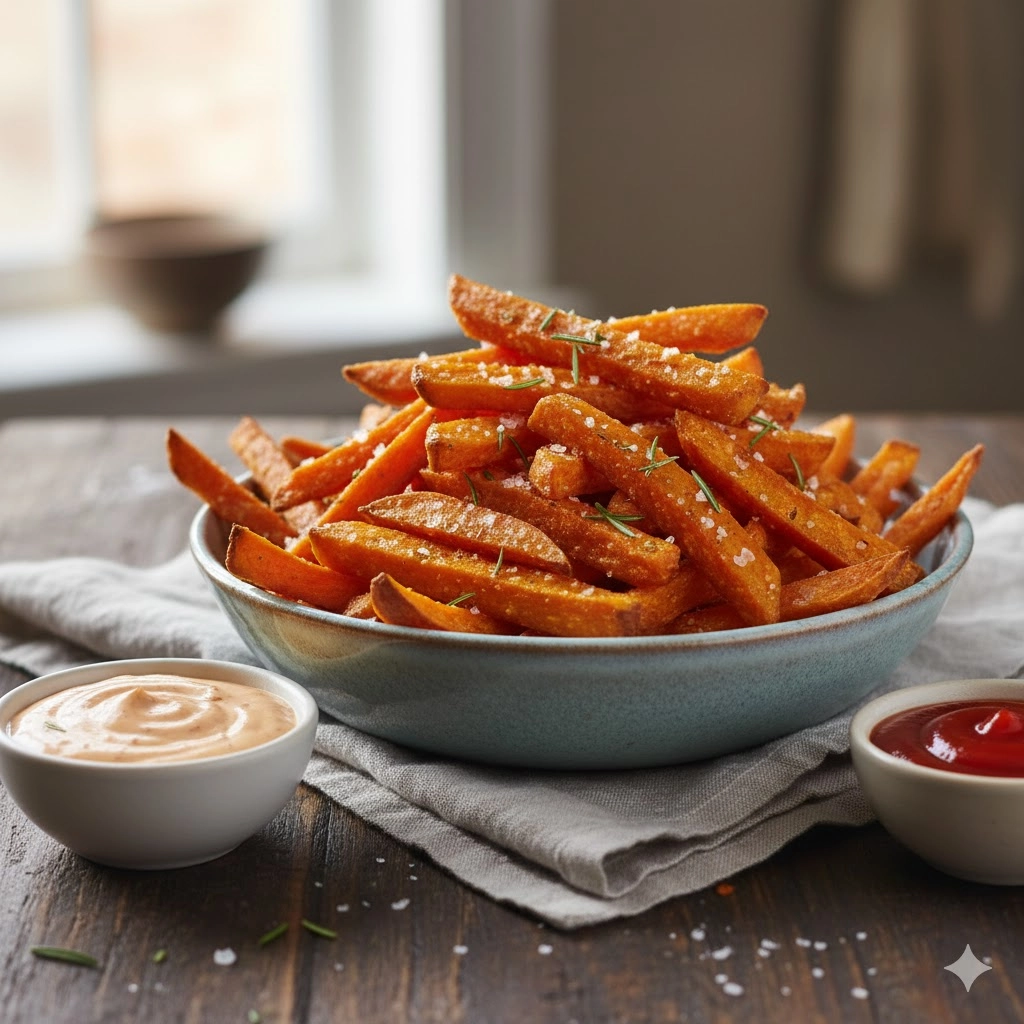 A close-up shot of perfectly golden and crispy Baked Sweet Potato Fries served in a bowl with a dipping sauce.