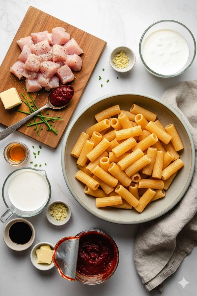Ingredients laid out for Gochujang Pasta, including heavy cream, gochujang paste, pasta, and cubed chicken.