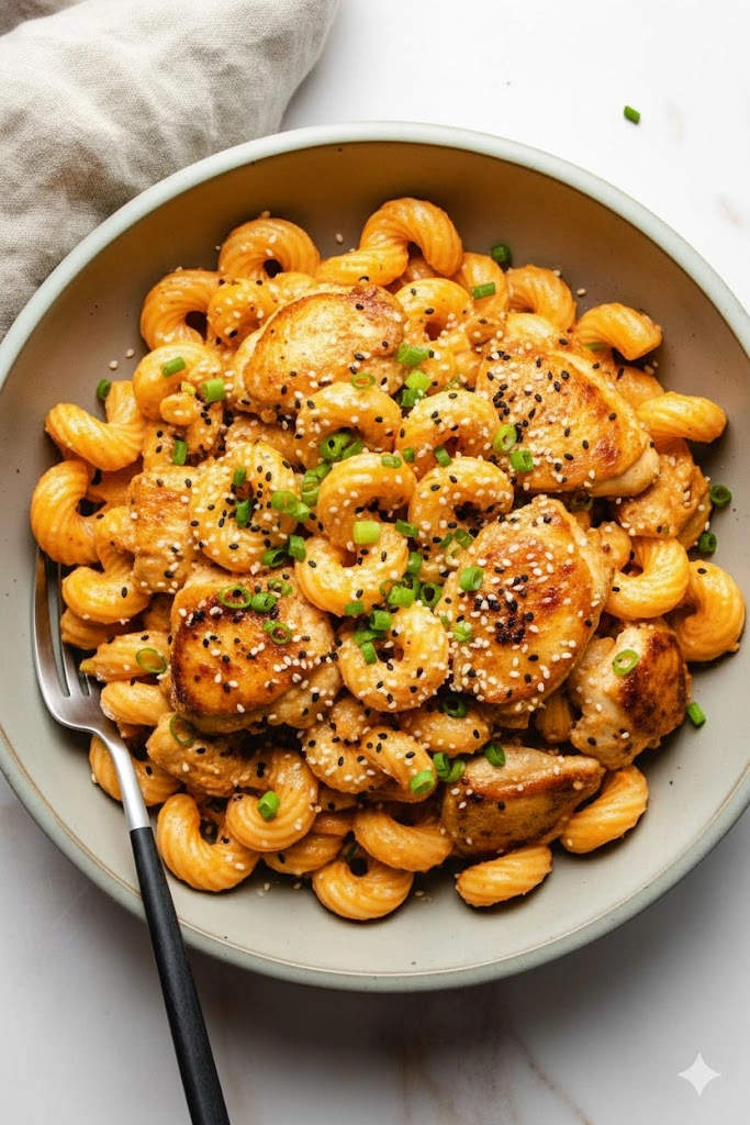 A close-up of creamy Gochujang Pasta with pan-seared chicken and scallion garnish, ready to eat.