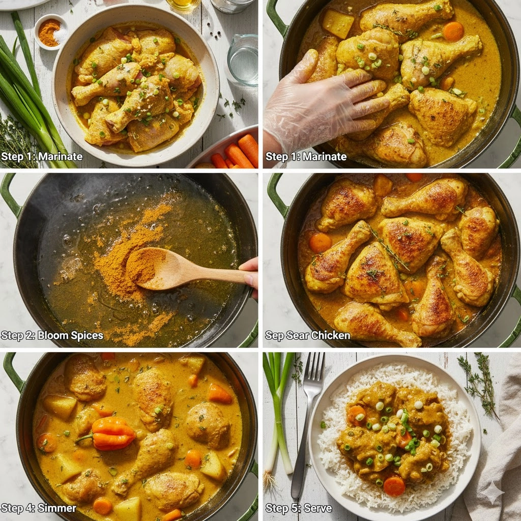 A spoonful of curry powder being bloomed in hot oil in a pot, a critical step for Jamaican Curry Chicken.