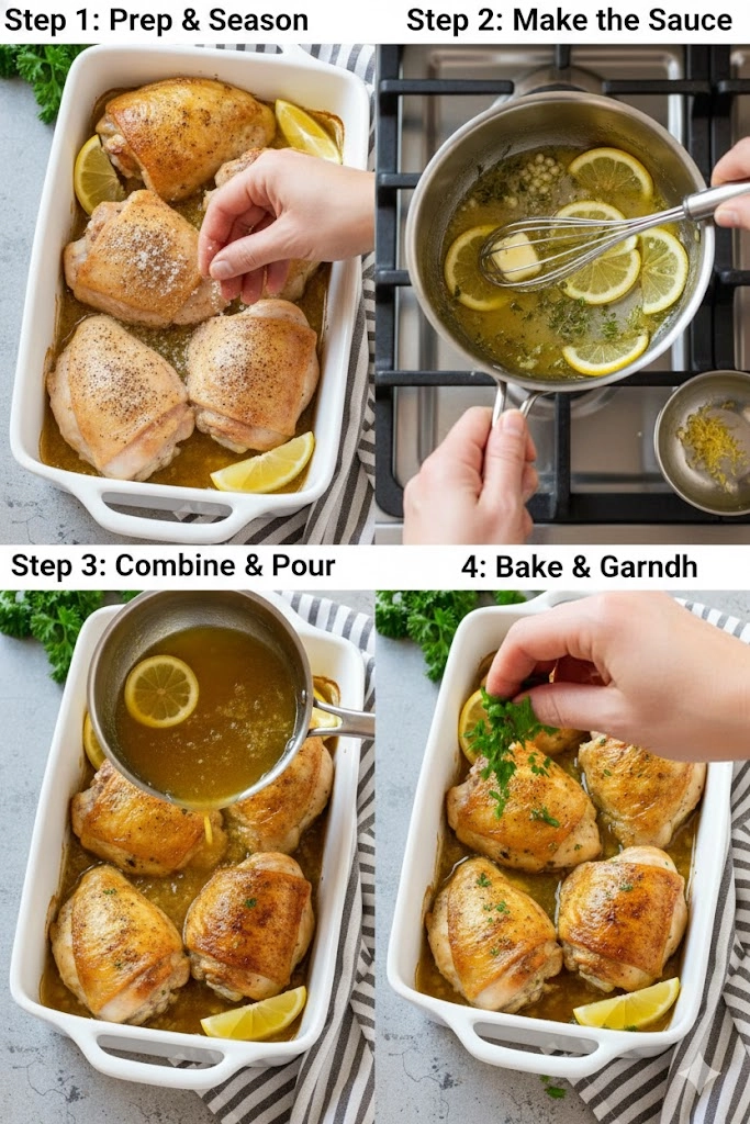 Raw chicken thighs in a baking dish, half-covered with the lemon butter sauce before baking.