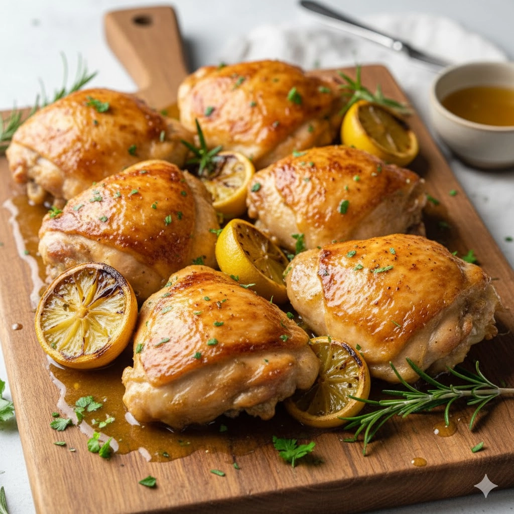 Platter of golden brown Baked Lemon Butter Chicken thighs garnished with parsley.