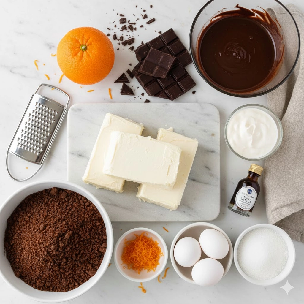 Essential ingredients for the Chocolate Orange Cheesecake, including cream cheese, chocolate, and fresh oranges.