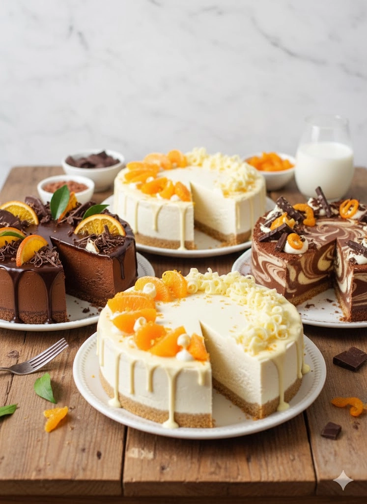 Slice of the ultimate Chocolate Orange Cheesecake with orange glaze and chocolate shavings.