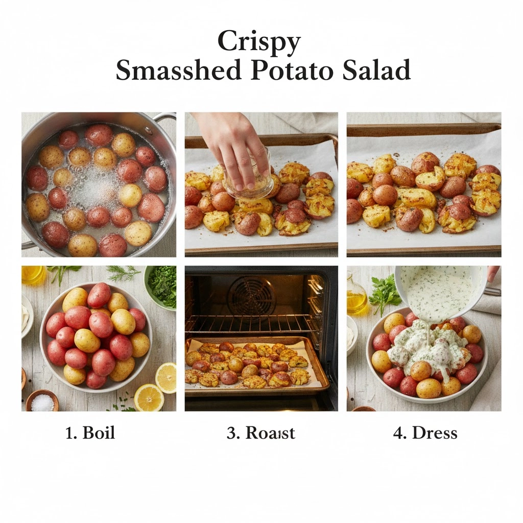 Hands using the bottom of a glass to smash boiled potatoes on a parchment-lined sheet pan for Crispy Smashed Potato Salad.