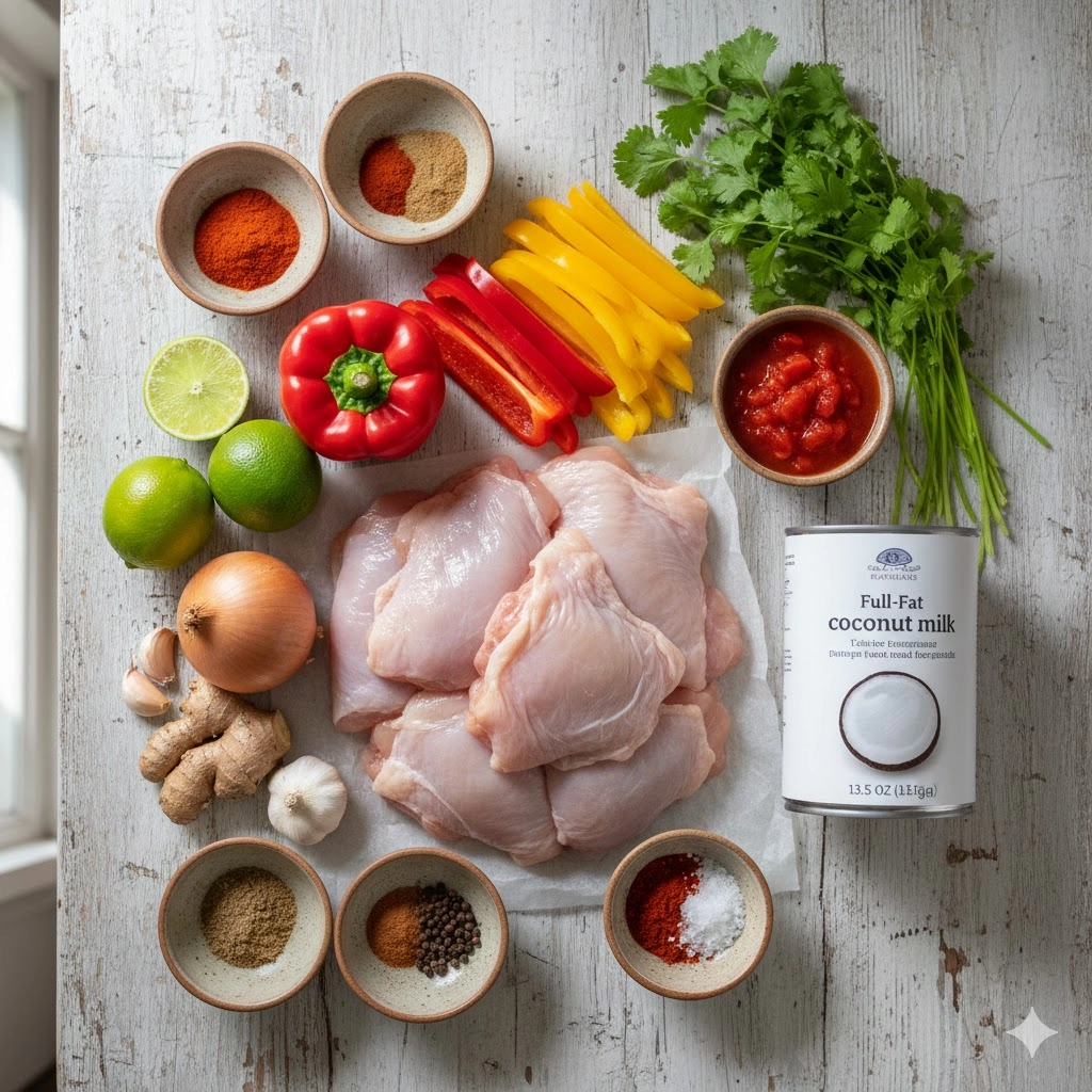 Key fresh ingredients needed for Spicy Brazilian Coconut Chicken, including chicken, lime, peppers, and canned coconut milk.