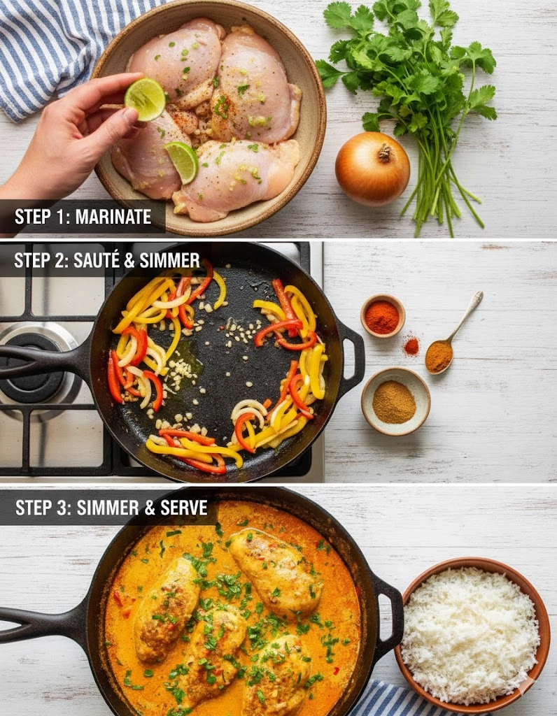 picy Brazilian Coconut Chicken simmering gently in a large Dutch oven, showing the creamy red sauce.