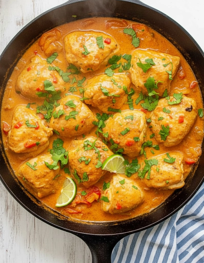 A vibrant bowl of Spicy Brazilian Coconut Chicken garnished with cilantro and served with rice.