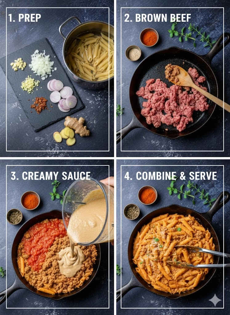 A skillet showing the final step of tossing the pasta into the creamy, protein-rich sauce for the High Protein Creamy Beef Pasta Recipe.