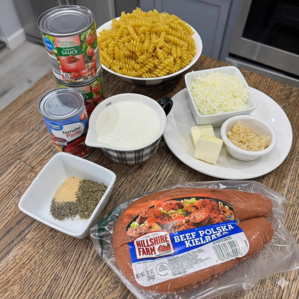 All ingredients laid out for the Smoked Sausage Pasta Recipe, including sliced sausage, heavy cream, onion, and pasta.
