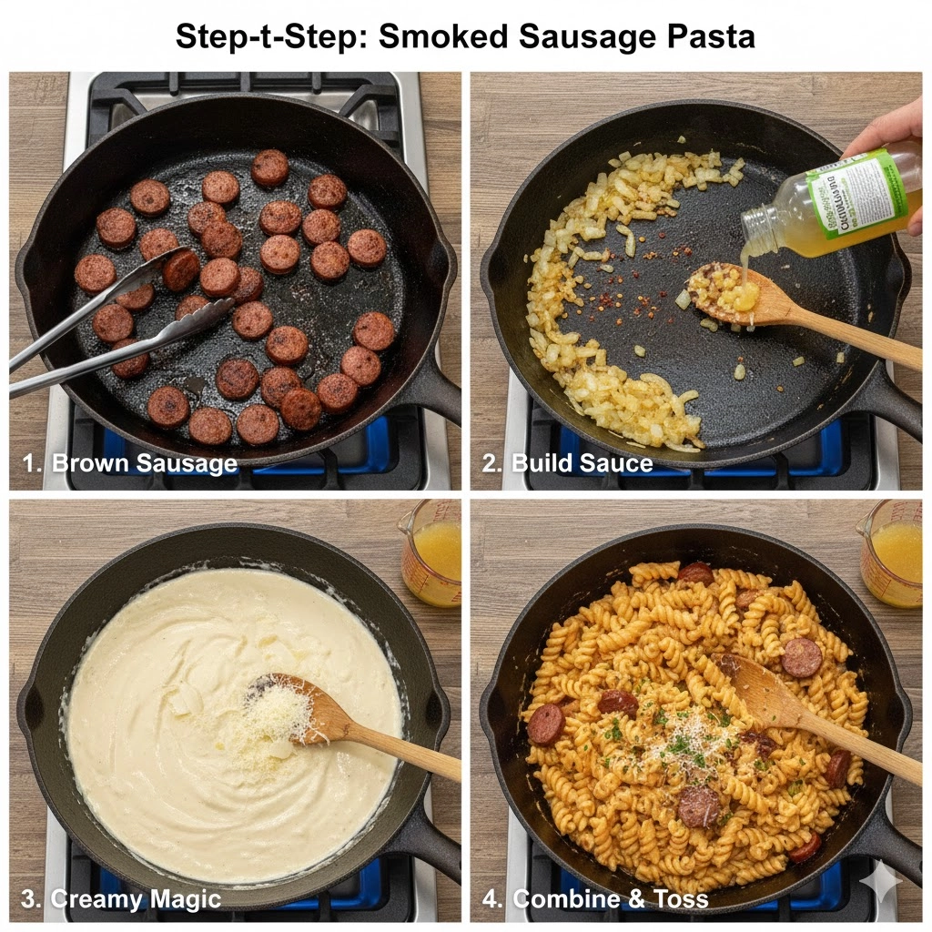 Smoked sausage and cooked pasta being tossed in a skillet with the creamy sauce.