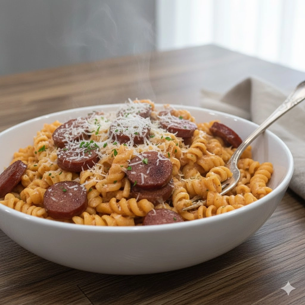 Creamy Smoked Sausage Pasta Recipe served in a bowl, garnished with parsley.