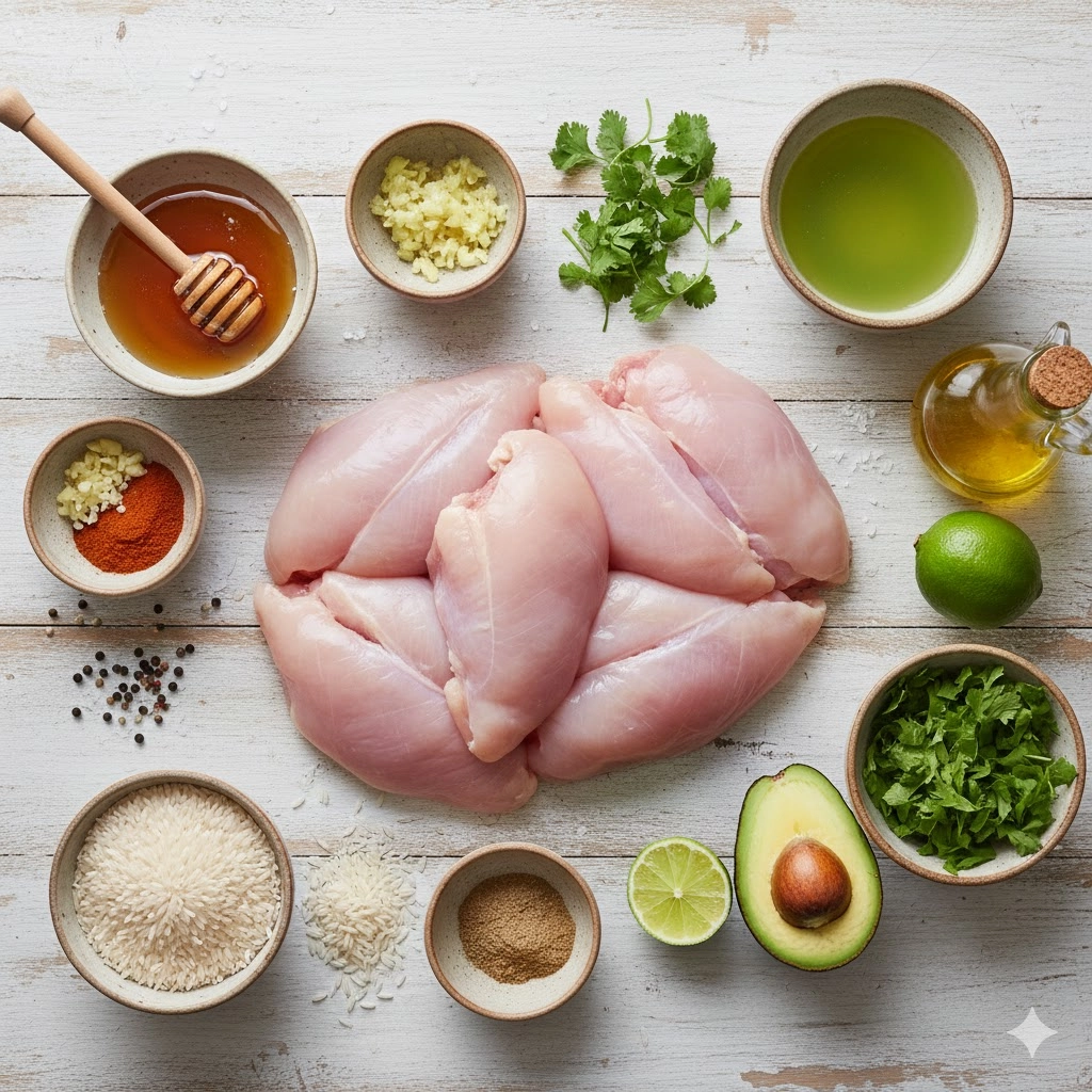 All fresh ingredients for the Honey Lime Chicken and Avocado Rice Stack, including limes, honey, chicken, and avocado.