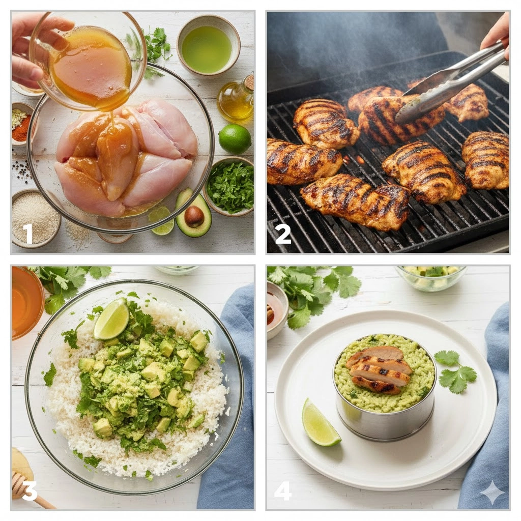 All fresh ingredients for the Honey Lime Chicken and Avocado Rice Stack, including limes, honey, chicken, and avocado.