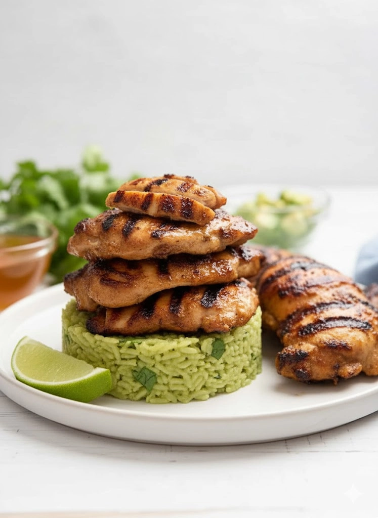 Grilled Honey Lime Chicken and Avocado Rice Stack served on a white plate with fresh cilantro garnish.