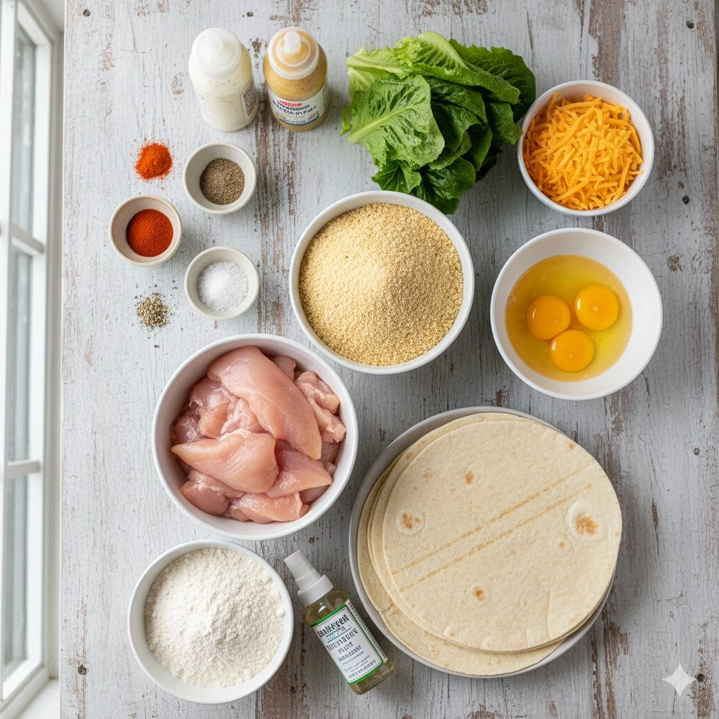 Ingredients laid out for Air Fryer Crispy Chicken Snack Wraps, including chicken tenders, panko, tortillas, and seasonings