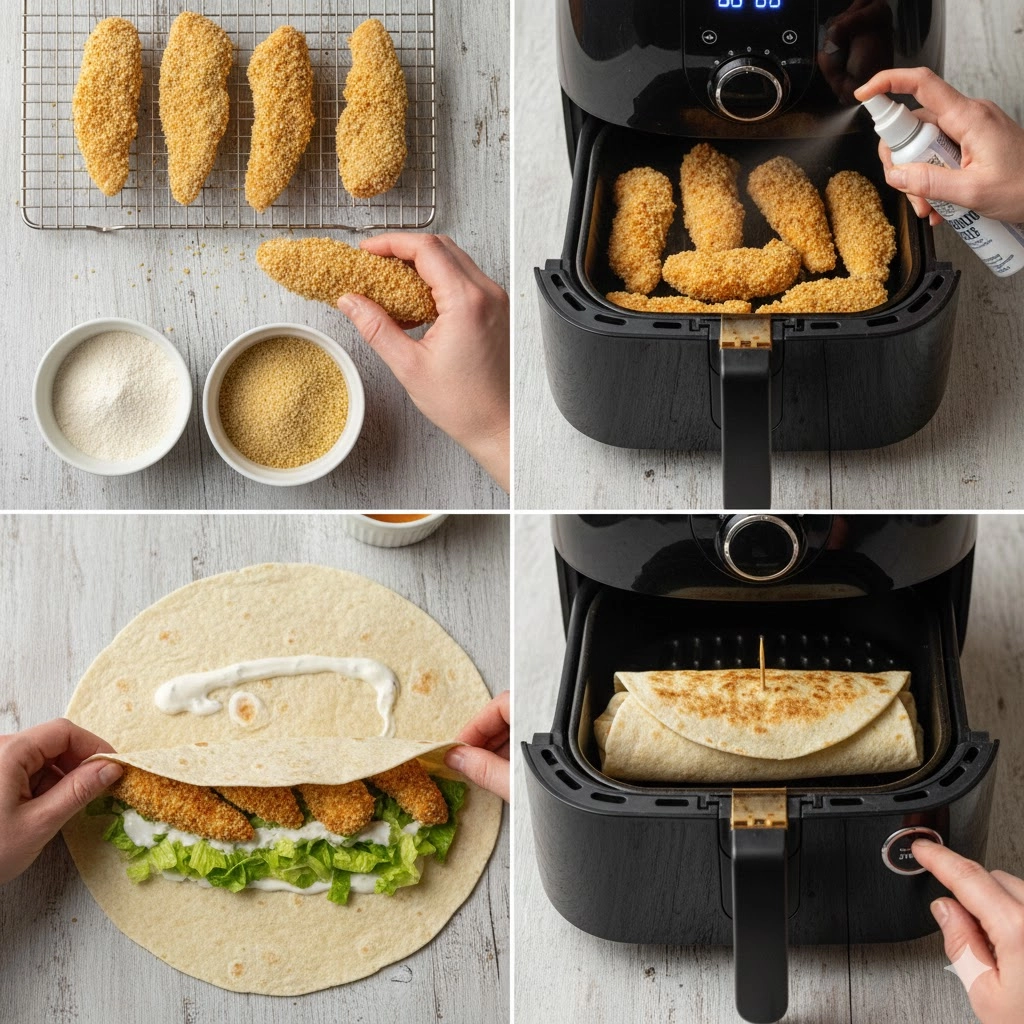 Step-by-step image showing how to assemble and tightly roll the Air Fryer Crispy Chicken Snack Wraps