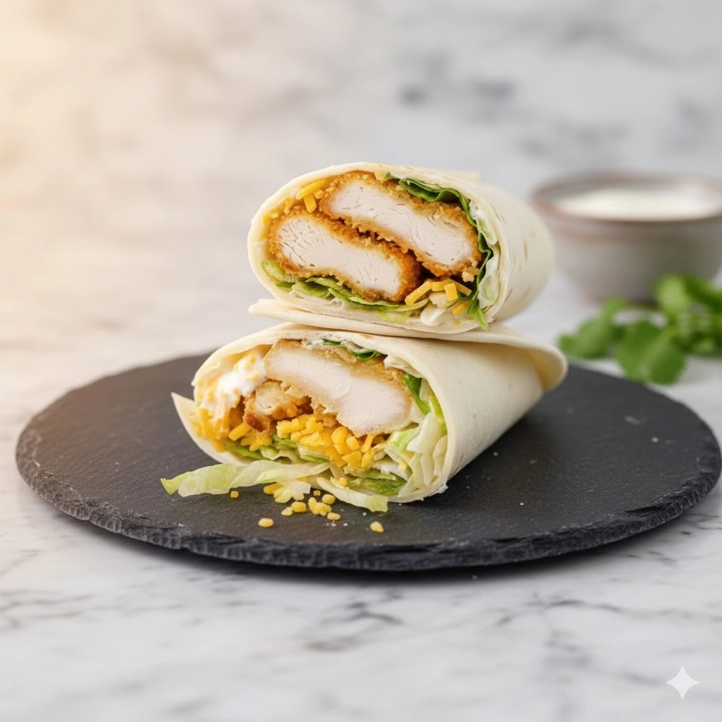 Platter of three perfectly golden Air Fryer Crispy Chicken Snack Wraps with ranch dressing for dipping