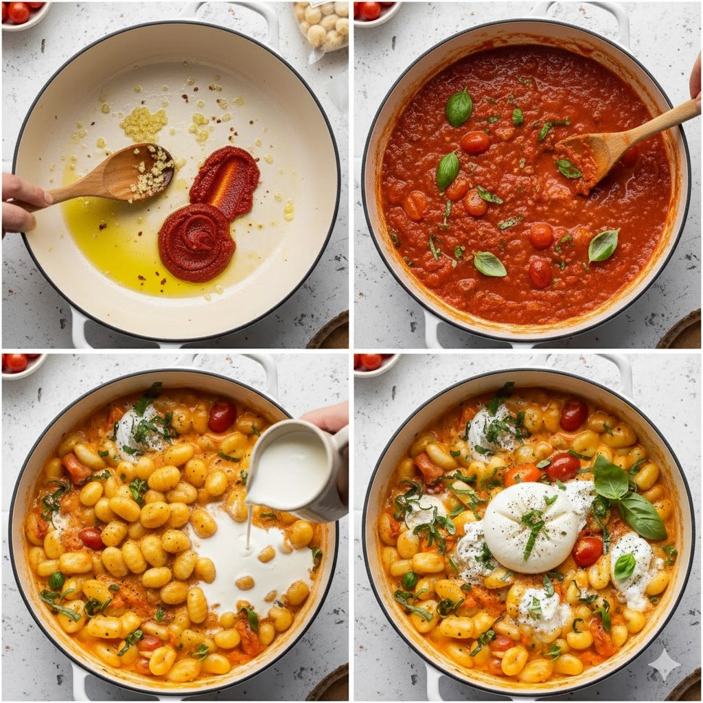 Step-by-step image of the gnocchi being tossed in the Creamy Tomato Gnocchi with Burrata sauce in a skillet.