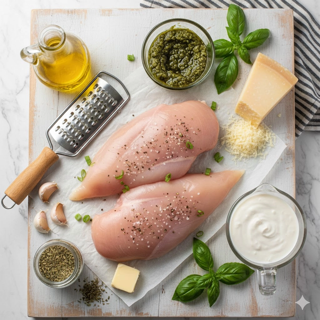 A flat lay photo of ingredients: chicken breasts, heavy cream, jar of pesto, Parmesan, and garlic for the Creamy Pesto Chicken Recipe.