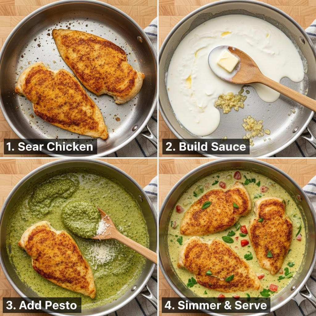 A close-up shot of chicken searing in a skillet over high heat to achieve a golden crust for the Creamy Pesto Chicken Recipe.