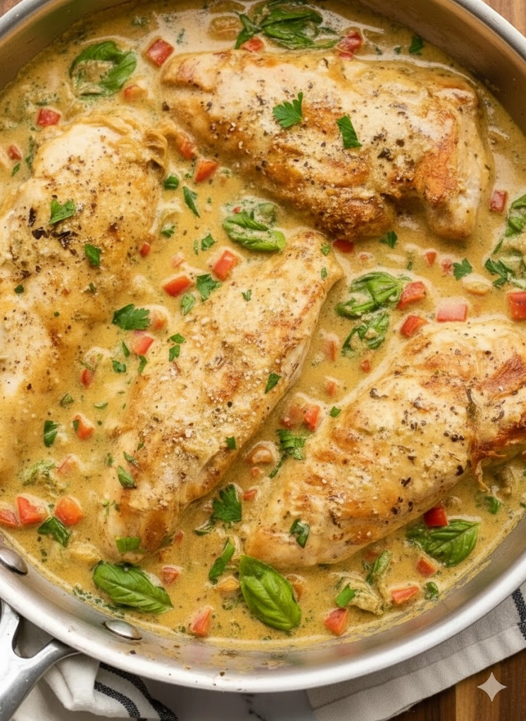 A plate of perfectly seared chicken coated in rich, velvety Creamy Pesto Chicken Recipe sauce, garnished with basil.