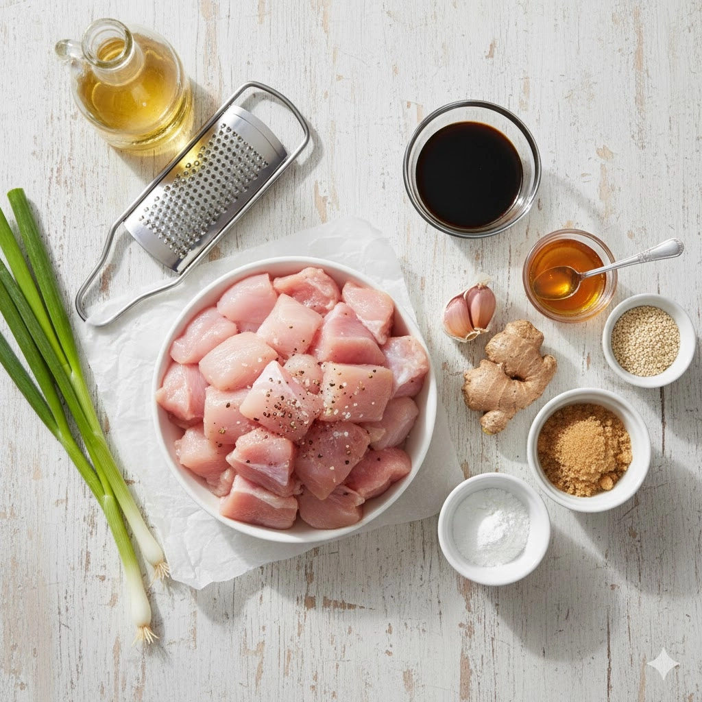 All raw ingredients for the Easy Teriyaki Chicken Recipe, including soy sauce, ginger, and chicken.