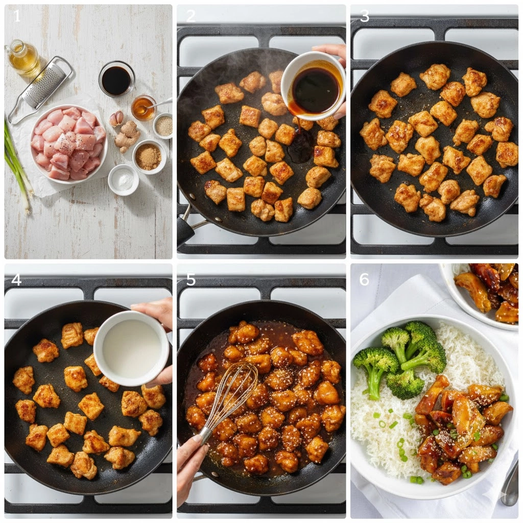 Chicken pieces being tossed in the skillet with the thickening sticky teriyaki glaze.