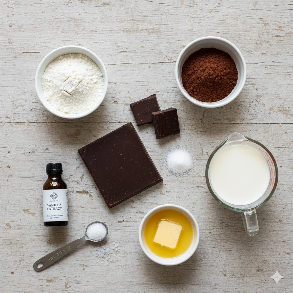 Essential ingredients laid out for making the easy Chocolate Lava Mug Cake recipe.