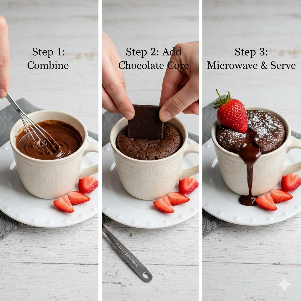 The step of pressing the chocolate square into the batter before cooking the Chocolate Lava Mug Cake.